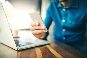 Aufkleber - Business man, phone and hands for networking, research and project management with kpi app in office. Employee, laptop and mobile in workplace for communication, investment growth and revenue report