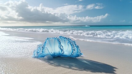 Poster - A blue jellyfish is laying on the beach