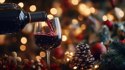 Poster - A bottle of red wine is poured into a wine glass