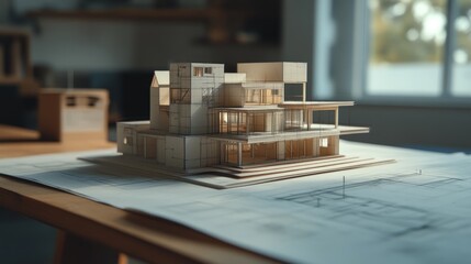 Poster - A detailed architectural model displayed on a table, showcasing modern design elements.