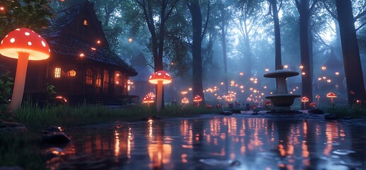 Wall Mural - Enchanting, misty forest at night with glowing mushrooms and a small house.