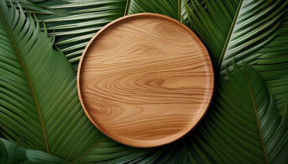 Poster - Mock up wood plate on Tropical green leaf background.,3d model and illustration.