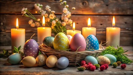 Wall Mural - A colorful display of decorative Easter eggs and glowing wax candles arranged beautifully for a festive celebration