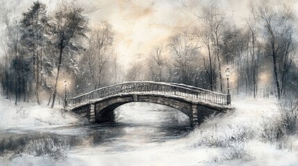 Wall Mural - A snow-covered bridge with lampposts and a frozen creek in a winter forest.