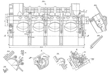 Wall Mural - Cylinder block of engine of cargo vehicle.
Engineering mechanical drawing of automotive
device. Industrial cad scheme on white paper sheet. 
Technology design of machine building industry. 