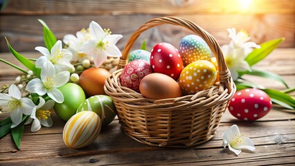 Wall Mural - Decorative wooden basket filled with colorful Easter eggs and flowers on a rustic wooden table in spring