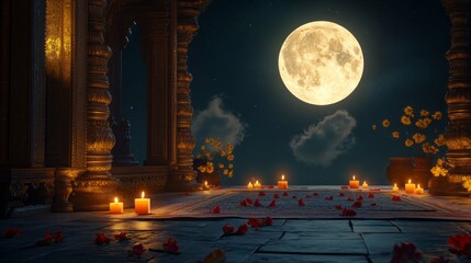 Wall Mural - a moonlit scene with a large moon in the sky and candles lit on the ground