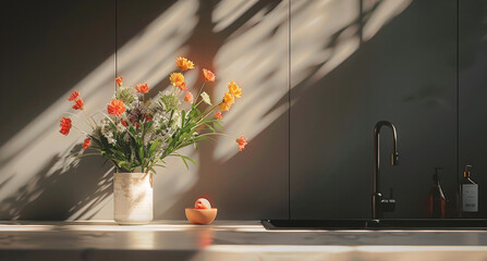 Poster - Interior of kitchen, flowers on the counter, decorated, modern, cozy.
