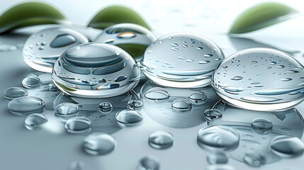 Poster - White background, glass material with transparent water droplets on the surface of three-dimensional circles connected by metal frames in a geometric pattern.