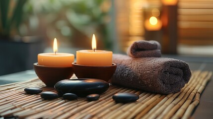 A spa setting with candles, bamboo mats, and black stones on the table. A towel is folded in the background.