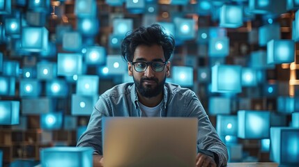 Wall Mural - an Indian man sitting at a desk while working on a laptop. Behind him is plethora of blue cubes emanating.