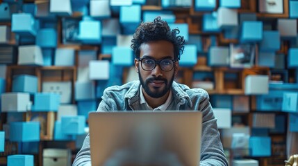 Aufkleber - an Indian man sitting at a desk while working on a laptop. Behind him is plethora of blue cubes emanating.