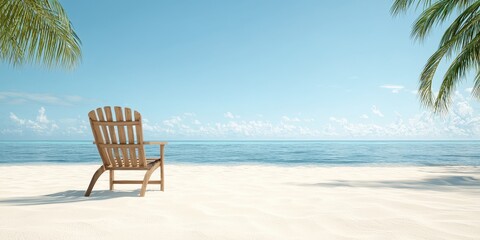 Wall Mural - A serene beach scene featuring a lone wooden chair under palm trees by the ocean.