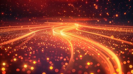 Poster - Red background, golden light streaks, glowing lines, luminous path, glowing particles and a red trail, small white starlight on the road, graphic design style.
