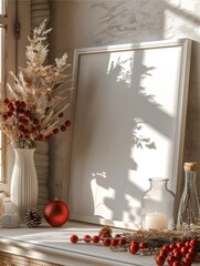 Aufkleber - A vertical white frame with a white canvas on a dresser, with Christmas decorations, sunlight and bright colors.