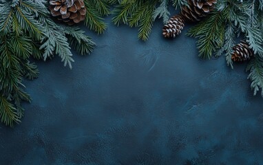 Wall Mural - Blue background adorned with pine cones, lush green pine branches, evoking winter, nature, holiday themes.