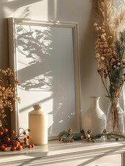 Aufkleber - A vertical white frame with a white canvas on a dresser, with Christmas decorations, sunlight and bright colors.