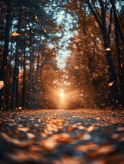 Poster - A magic forest at night with marigold and petals all around with a starry sky.