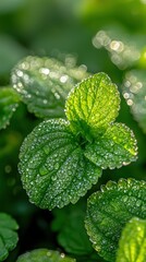 Wall Mural - Dewy green leaves shine in soft focus creating a serene nature vibe