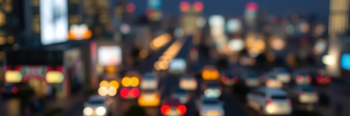 Canvas Print - A blurry view of a busy city street at night, with traffic lights and car headlights illuminating the scene