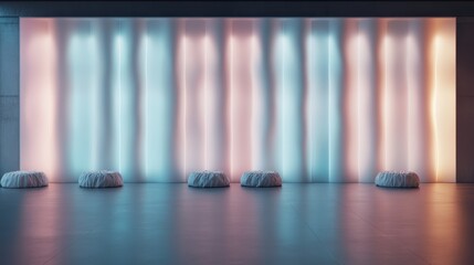 Poster - This image shows an array of vertical light panels emitting soft pastel colors, paired with a row of modern poufs, creating a serene contemporary lounge scene.