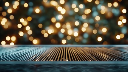 Poster - A serene close-up image showcasing a reflective metal surface with bokeh lights creating a warm, festive atmosphere. Perfect for holiday-themed designs and projects.