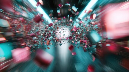 Poster - An artistic explosion of cubes creates a mesmerizing kinetic visual effect, symbolizing chaos and transformation. Suitable for digital art and abstract concepts.