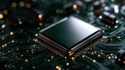Poster - A detailed closeup showcasing an intricate microchip mounted on a circuit board, highlighting the precision and complexity of modern technology in a digital world.