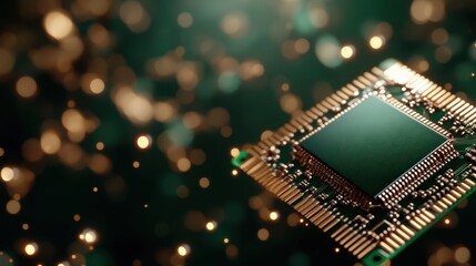 Poster - An intricately designed microprocessor with a network of golden lines on a green background, symbolizing the complexity and connectivity of modern computing.