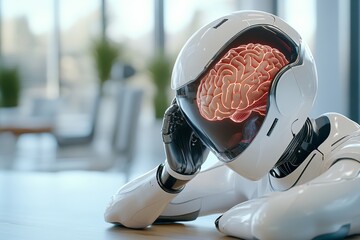 Wall Mural - robot with a brain on its head is laying on a table. the robot is looking down and he is in a state 