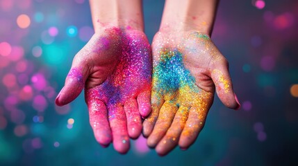 Poster - This image captures hands covered with multicolor glitter against a vivid background, evoking a sense of magic, creativity, and enchantment in a playful setting.