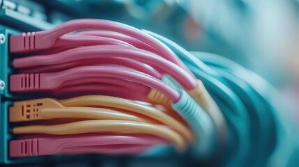 Poster - An artistic close-up of pink, red, and yellow network cables connected to a server, showcasing vivid colors and fiber optics technology in a data center environment.