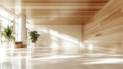 Poster - A spacious modern interior with abundant natural light, featuring sleek wooden elements and minimalist furniture. The tranquility and openness are visually soothing.
