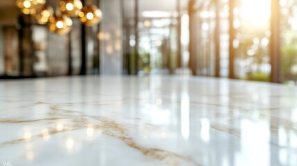 Poster - A bright, luxurious marble table reflects sunlight in a modern interior. The glass windows offer a blurry view of trees outside, creating a serene atmosphere.