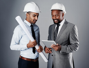 Aufkleber - Architect, people and discussion with tablet in studio of building safety, research and renovation schedule. Men, talking and information, blueprint and floor plan with maintenance on gray background