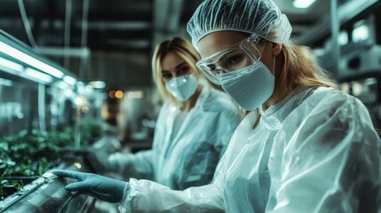 Poster - two researchers in protective suits are intensely observing plant growth in a laboratory setting, hi