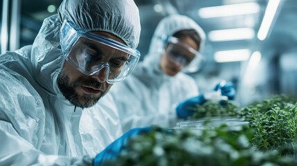 Poster - in a high-tech laboratory, two focused scientists wearing protective gear examine plants, showcasing
