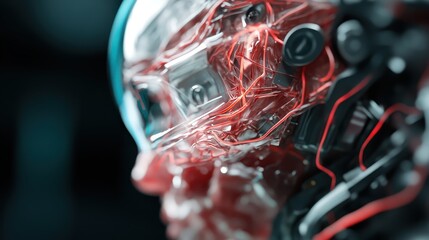 Poster - A transparent cyborg face with visible red electrical circuits, highlighting the fusion of human-like features with advanced electronics in a futuristic style.