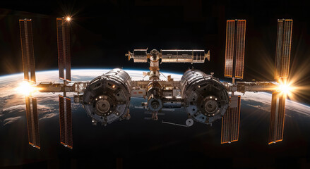 Aufkleber - A space station with four distinct modules connecting in the center, orbiting above the earth, the sun bathes the space station in dramatic white light against the black expanse of empty space.