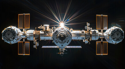 Aufkleber - A space station with four distinct modules connecting in the center, orbiting above the earth, the sun bathes the space station in dramatic white light against the black expanse of empty space.