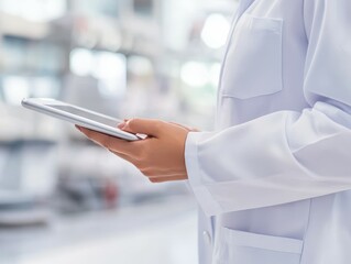 Poster - Employee engages with tablet in a modern clean office environment for enhanced productivity