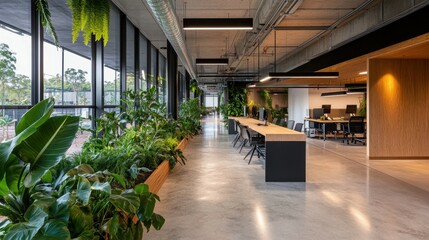 Poster - Create a serene work environment with a minimalist open office featuring green plants and natural facade