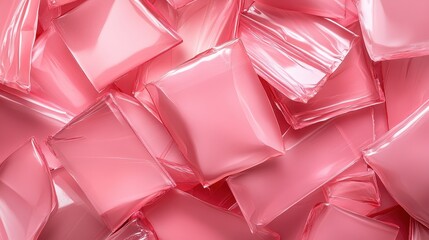 Poster - A collection of pink glossy pouches stacked in an appealing pattern, showcasing a modern and minimalist aesthetic focused on simplicity and visual appeal.