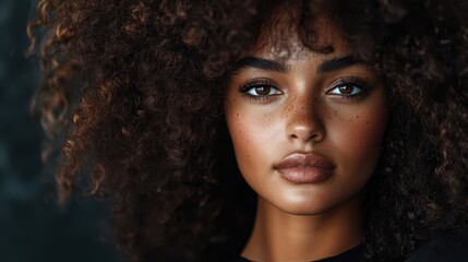 Poster - A focused image capturing the essence of a young woman with voluminous curly hair, intense gaze, and flawless skin, highlighting her natural beauty.