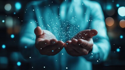 Poster - A pair of hands gently holds a cluster of glowing particles, symbolizing magic or wonder, set against a blurred, mysterious dark background, conveying a sense of enchantment.