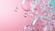 © Larisa AI - A captivating image of transparent bubbles gracefully floating in front of a soft pastel pink background, giving a feeling of lightness and tranquility.
