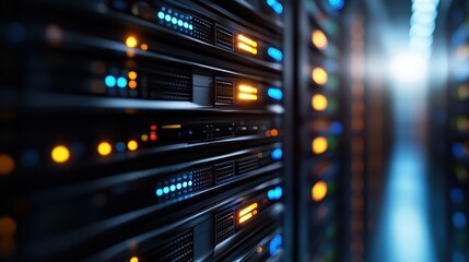 Poster - This image showcases a high-tech server rack adorned with glowing orange lights, exemplifying innovation and the efficiency of modern digital infrastructures.