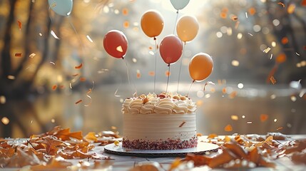 Poster - A beautiful autumn landscape in a beautiful park. birthday cake, colorful balloons floating.