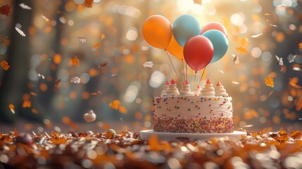 Poster - A beautiful autumn landscape in a beautiful park. birthday cake, colorful balloons floating.