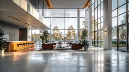 Poster - Modern interior design, a large open-space lobby with double-height ceilings in an office building. with tall windows and glass walls, complemented by wood furniture and a concrete floor.